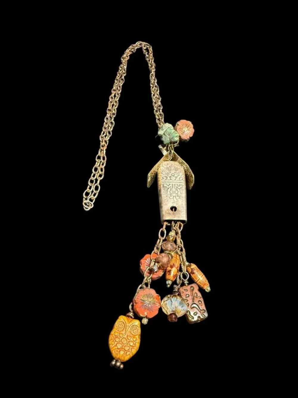Vintage Artisan Crafted Cuckoo Clock Birdhouse Necklace Mixed Materials